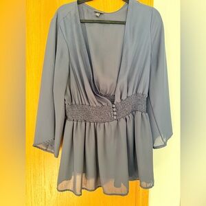 Navy Blue V-Neck Smocked Waist Blouse